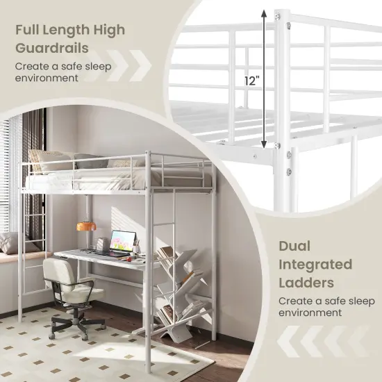 Metal Loft Bed Frame with Dual Ladders, Safety Guardrails and Under-bed Storage White {6}