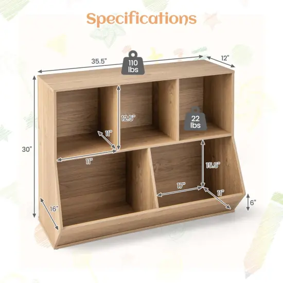 Costway 5-Cubby Kids Toy Storage Organizer Wooden Bookshelf Display Cabinet Natural/White {3}