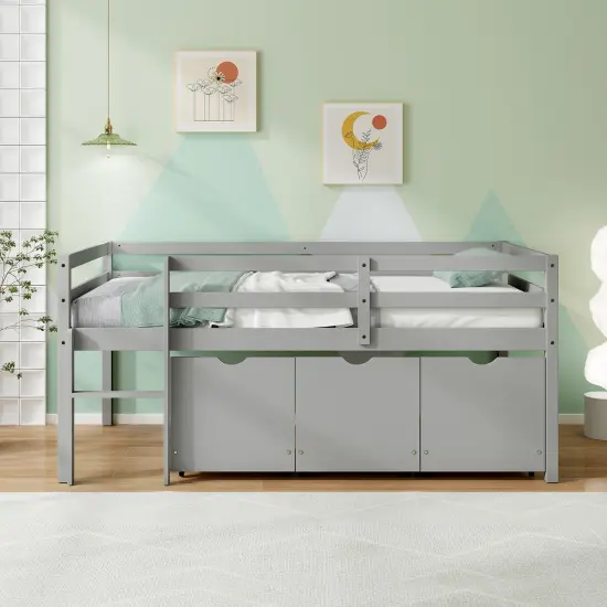Twin Size Low Loft Bed with 3 Storage Drawers Ladder and Guardrails Gray {2}