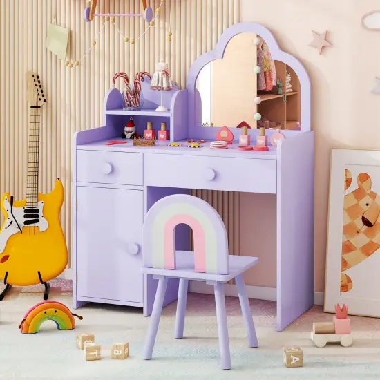 Kids Vanity Set, Cloud Shape Mirror, Storage and Pine Wood Stool Purple {3}