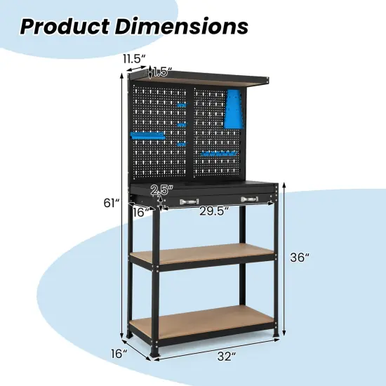 Freestanding Tool Storage Workbench with Pegboard with 14 Hanging Accessories and 2 Drawers Black and Blue {5}