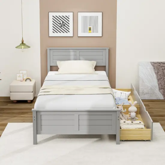 Twin Size Platform Bed with Drawers, Wood Headboard and Sturdy Frame Gray {5}