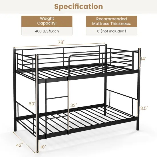 Black Metal Twin Over Twin Bunk Bed with High Guardrails and Ladder {5}