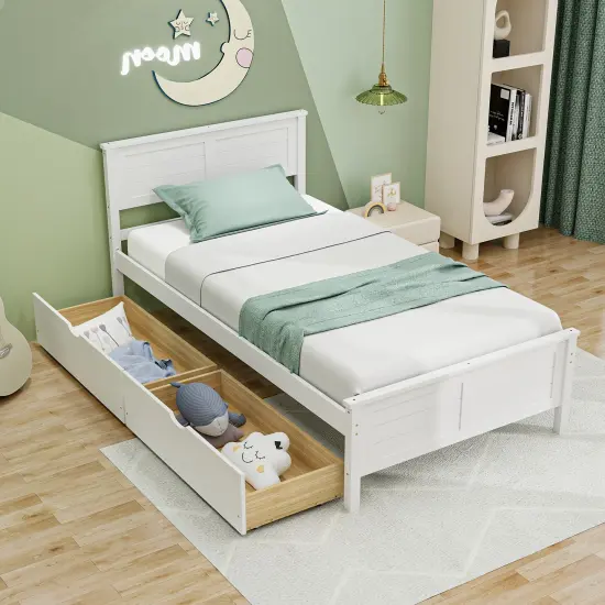 Twin Size Platform Bed with Drawers, Wood Headboard and Sturdy Frame White {6}