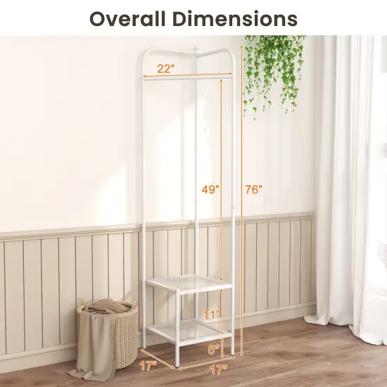 Corner Coat Rack with Top Hanger and 2 Mesh Shelves for Entryway White {5}