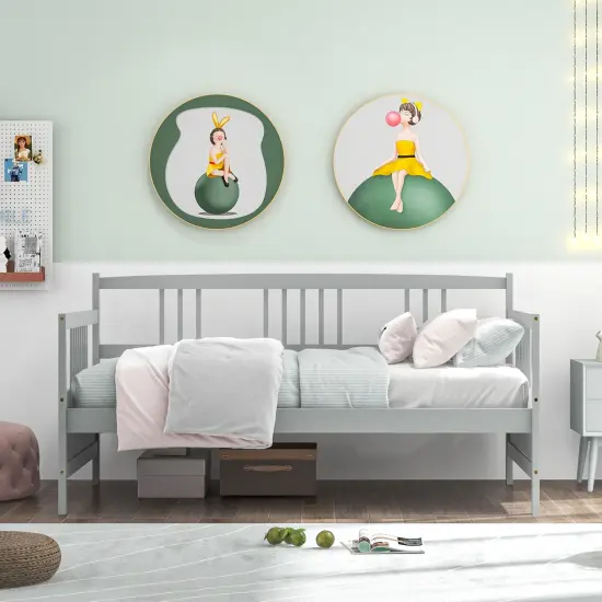 Twin Size Wooden Slats Daybed Bed with Rails Perfect for Living Room and Kids Room or Guest Room Gray {1}