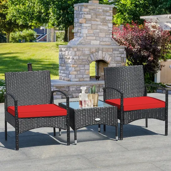 Costway 3 PCS Patio Wicker Rattan Furniture Set Coffee Table & 2 Rattan Chair W/Cushion {2}