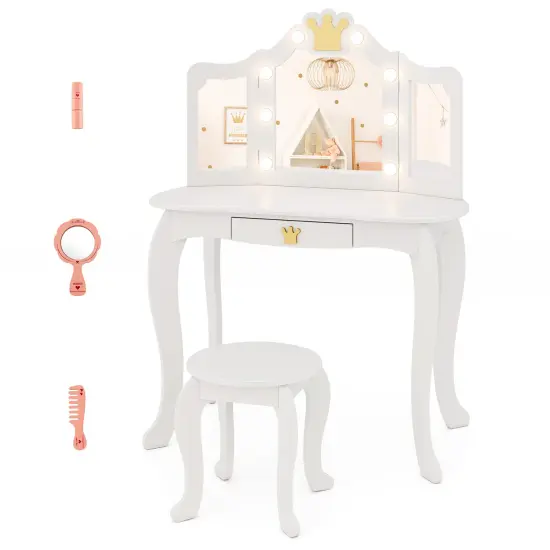 MDF and Acrylic Kids Vanity Set with Tri-Fold Mirror, LED Lights and Storage White {1}