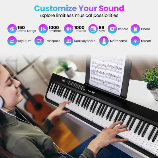 88 Key Foldable Electronic Keyboard Piano with Wireless MIDI Suitable for Kids, Teenagers and Adult Black {6}