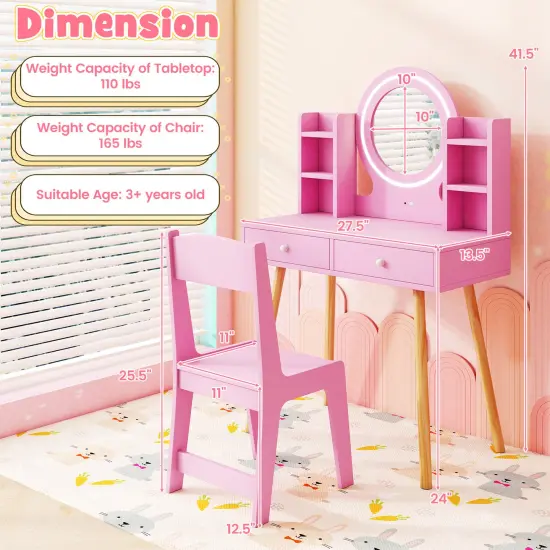 MDF and Pine Wood Kids Vanity Set with LED Mirror, Storage and Chair Pink {4}