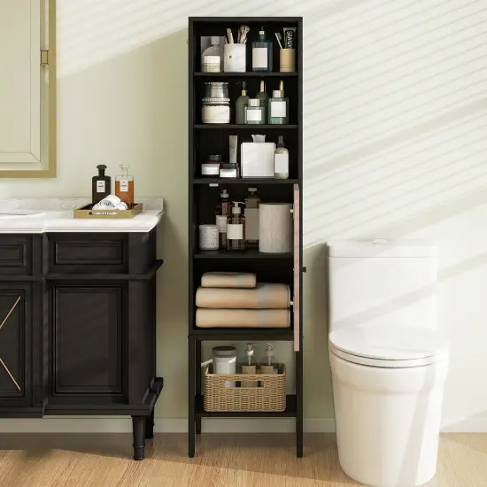57 Inch Bathroom Tall Cabinet with and 3-Position Storage Adjustable Shelves and 1 Door Black {2}