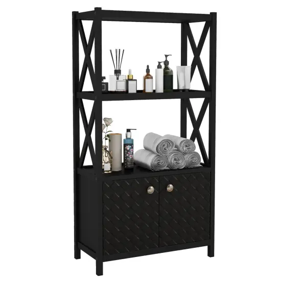 Tall Freestanding Floor Bathroom Storage Cabinet with 2-Tier Open Shelves and Magnetic Doors Black {4}