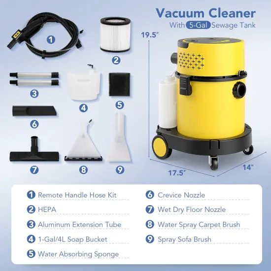 Yellow 4-in-1 Portable Wet Dry Vacuum Cleaner with 2-Button Remote Controller and Smooth Caster Wheel {4}