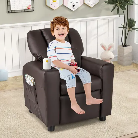 Sponge PU Wood PP Kids Recliner Chair with Adjustable Backrest, Footrest and Firm Cushion Brown {2}