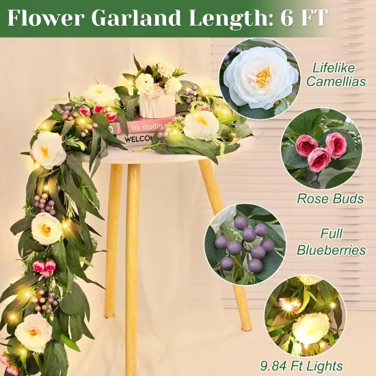 Flower Garland with Lights, Greenery Floral Garland with Camellia Rose Buds Fake Flowers for Wedding Arch Party Tables Mantle Backdrop Room Decor {3}
