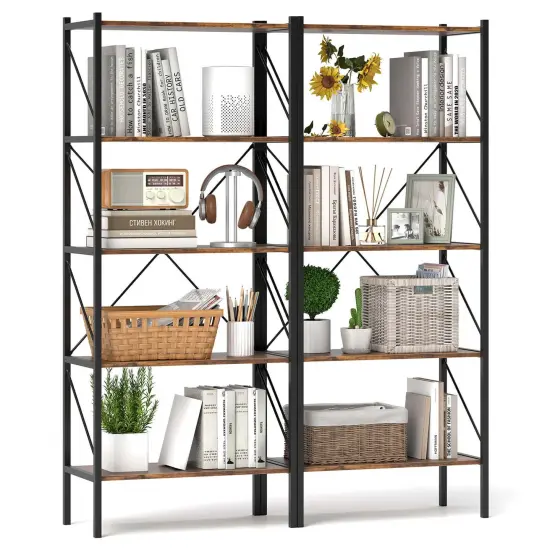 Costway 1/2 PCS 5-Tier Bookshelf, Industrial Tall Bookcase with Open Storage Shelves & Metal Frame Brown {1}