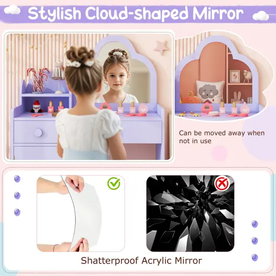 Kids Vanity Set, Cloud Shape Mirror, Storage and Pine Wood Stool Purple {4}