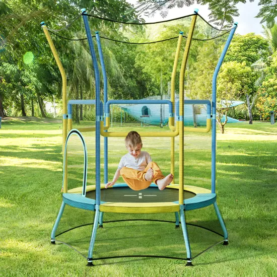 Metal Kids Trampoline with Enclosure Net and Zipper Door Yellow {2}