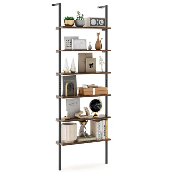 Costway 6-tier Ladder Shelf 72 Inches Industrial Wall Mounted Bookshelf Brown/Oak {7}