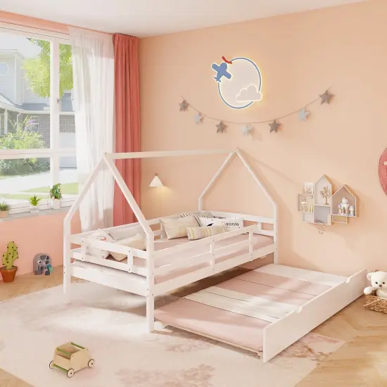 Twin House Bed with Trundle and Fence Rail for Kids Room White {5}