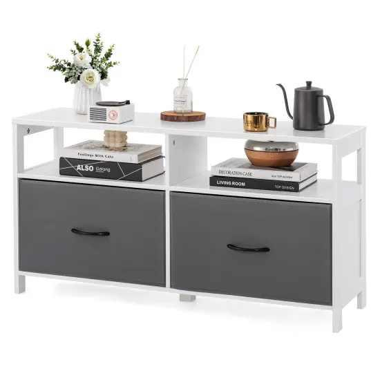 Gray White MDF 2 Drawer Dresser with Open Shelves and TV Stand Use {4}