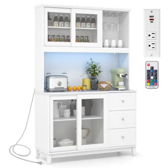 Kitchen Pantry Storage Cabinet with 2 Compartments with Doors and LED Lights and Power Outlet White {4}
