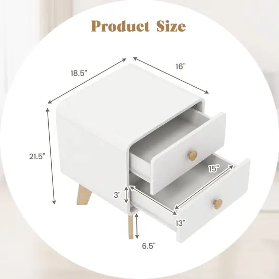 MDF and Rubber Wood Nightstand with 2 Drawers and Mid-Century Modern Design White {5}