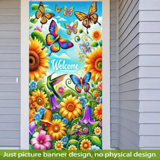 Welcome Door Cover Spring Butterfly Design Door Banner 71x35 Inch Polyester Summer Sunflower Hummingbird Decoration for Front Door Outdoor Decor {4}