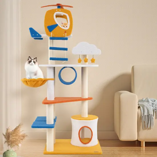 70 Inch Tall Aviation-Themed Cat Tree Tower with Helicopter Top Perch Ideal for Indoor Cats {2}