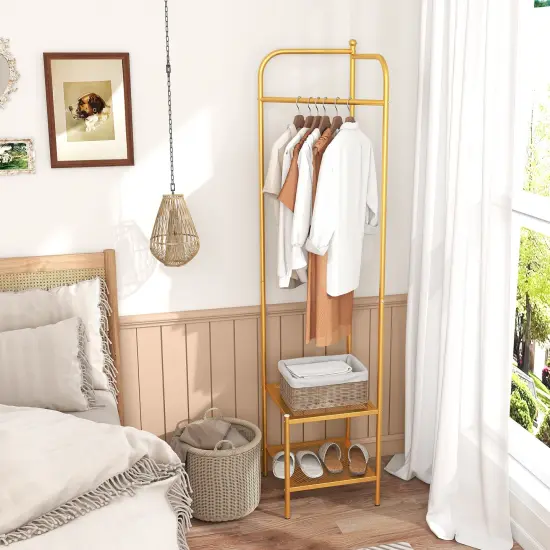 Corner Coat Rack with Top Hanger and 2 Mesh Shelves for Entryway Golden {2}