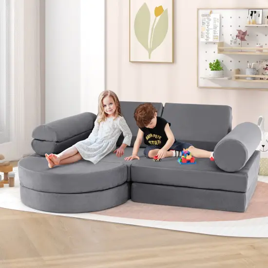 Velvet Suede 13-Piece Kids Modular Play Couch, Soft and Safe Design Gray {3}