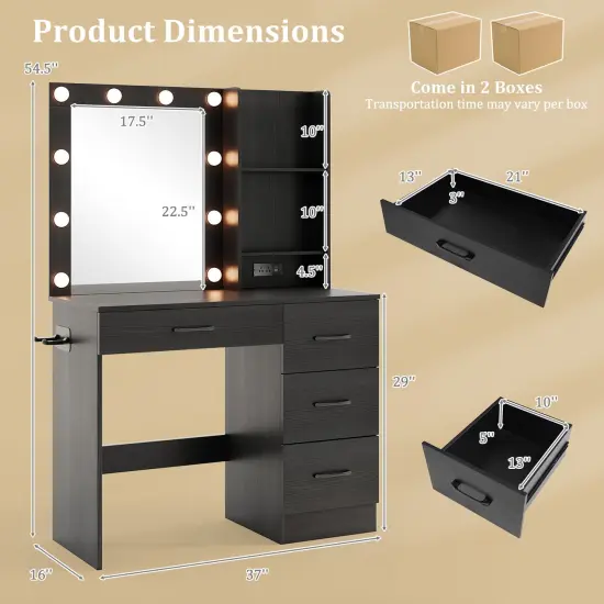 MDF Vanity Desk with Mirror, 3-Color Lighting, Storage and Charging Station Black {4}
