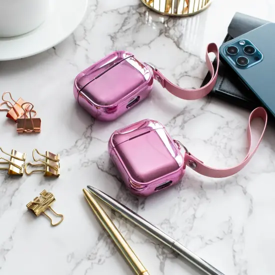 Insten Case For Airpods Pro, Soft TPU Glitter Plating Carrying Case with Hand Strap, Support Wireless Charging, Full Body Protective Skin Cover for Women Girls Men Boys, Pink {6}