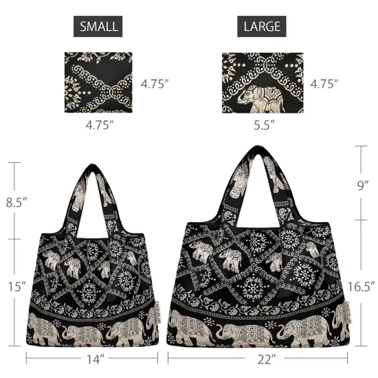 Wrapables Large & Small Foldable Tote Nylon Reusable Grocery Bags, Set of 2, Black Regal Elephants {2}