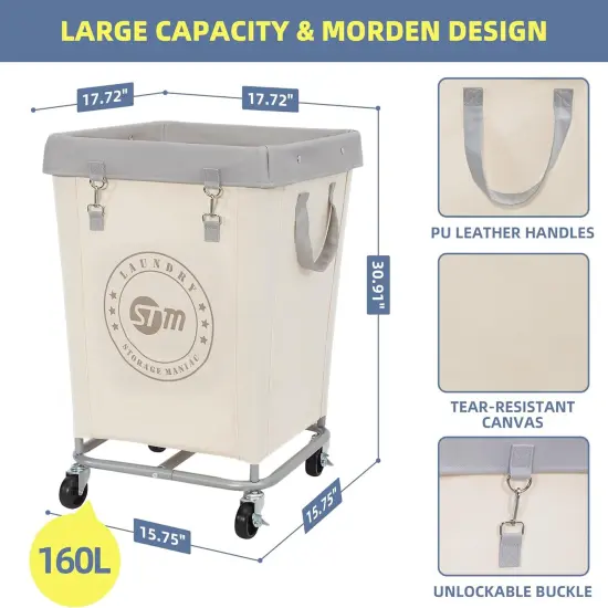 Commercial Laundry Hamper with Heavy Duty Steel Frame-160 L Industrial,17.72''L x 17.72''W x 30.91''H, {2}