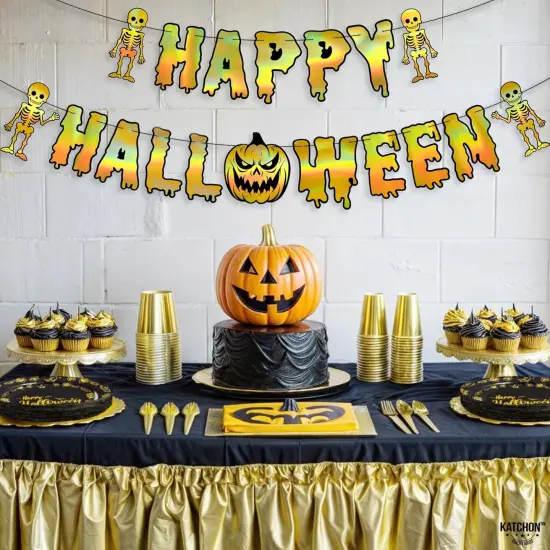 Happy Halloween Banner with Pumpkin - Iridescent Gold {1}