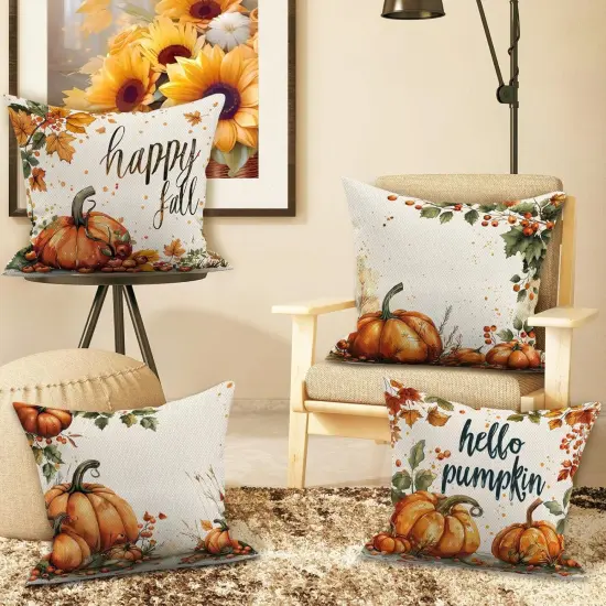 Set of 4 Fall Pumpkin Pillow Covers 18x18 {3}