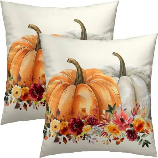 2 Pack of Orange White Pumpkin Flower Leaf Throw Pillow Cover 18x18 Inch {1}