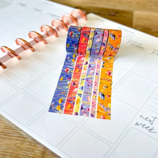 Summer Wildflowers Purple Coral Pink Yellow Periwinkle Washi Tape Set June 2025 - W134 {5}