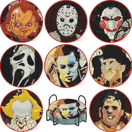 8 Pcs Diamond Paintings Coasters Kits with Holder, DIY Halloween Coaster {1}
