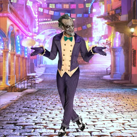 Men Arkham City Joker Costume with Mask Gloves and Jacket Set {1}