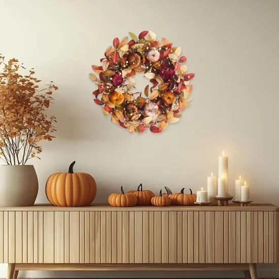 24 Inch Fall Velvet Pumpkin Wreath with Berries for Front Door {3}