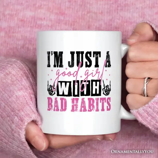 Good Girl with Bad Habits Mug, Grunge Skeleton Hands Rebellious Gift {1}