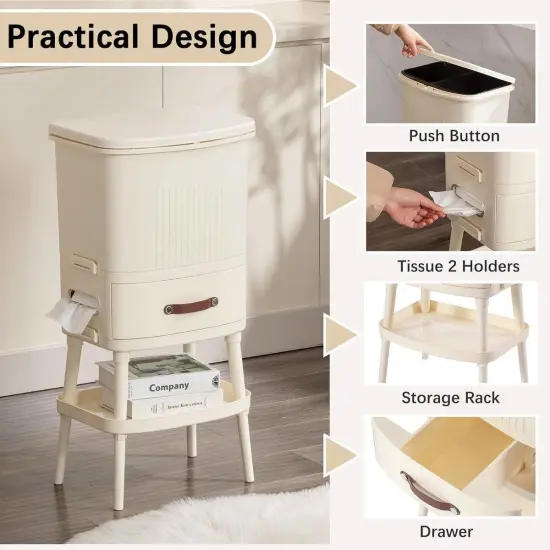 Cream Polypropylene Trash Can Dual-Compartment Storage Bin with Drawer and Tissue Holders {4}