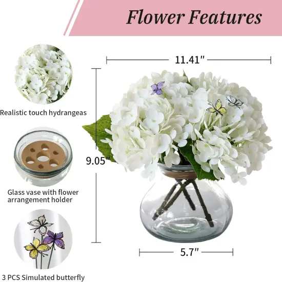 Hydrangea Artificial Flowers with Vase,White Real Touch Hydrangea Flowers with Butterfly,Faux Hydrangea Flowers for Floral Centerpieces for Tables,Home Decor,Wedding Decor,Coffee Table Decor {2}