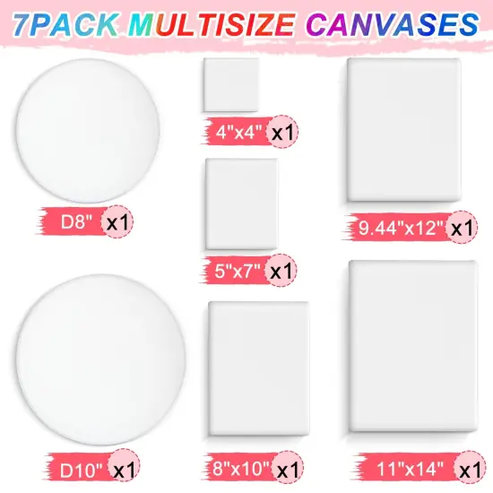 7 Packs Stretched Canvases for Painting,Multi Size 11x14, 9.44x12, 8x10, 5x7, 4x4, Round Canvas with 8x8,10x10, Primed Blank Canvas for Oil Paint, Acrylic Paint, Paint Canvas for Beginner, Artist. {6}