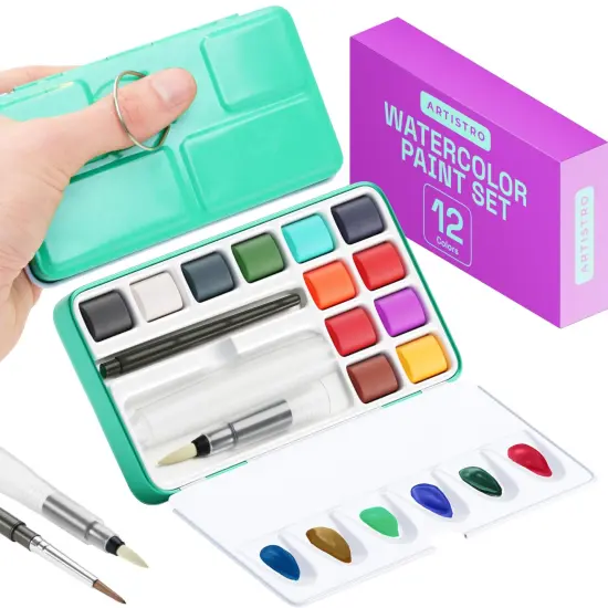 ARTISTRO Watercolor Paint Set in 12 Colors - Travel Watercolor Set with Metal Case & Bright Watercolors - Portable Set for Beginners & Amateur Artists {1}