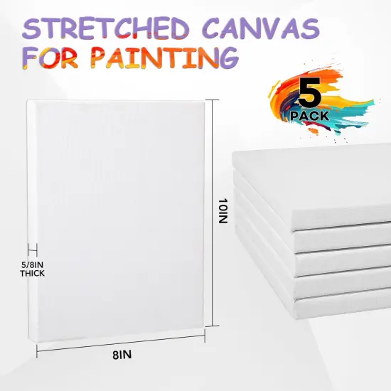 Stretched Canvas for Painting, 5 Pack 8x10 Canvas Value Pack, Primed Acid-Free Cotton Blank Canvas, Paint Canvases for Oil & Acrylic Paint. {6}