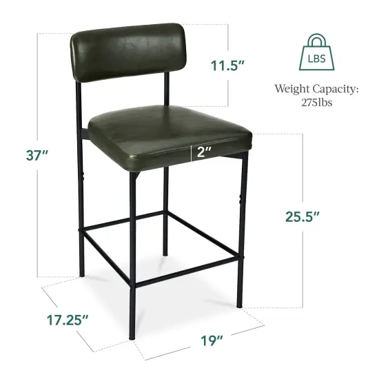 Best Choice Products Set of 2 Faux Leather Counter Stools for Kitchen Island and Dining w/ Metal Frame Moss Green {2}