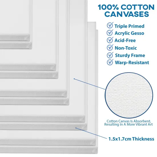 Stretched Canvas for Painting (10 Pack) Blank Painting Canvas - 2 of Each; 4x4, 5x7, 8x10, 9x12 and 11x14 Canvas, 100% Cotton Pre-Primed, Great for Pouring, Acrylic, Oil, Wet and Dry Art Media {6}